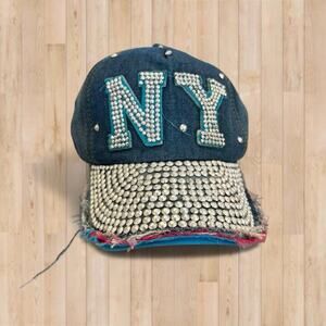 New York NY Blue Jean Cap Hat Blue Womens Adjustable Bedazzled Bling Studs Y2K